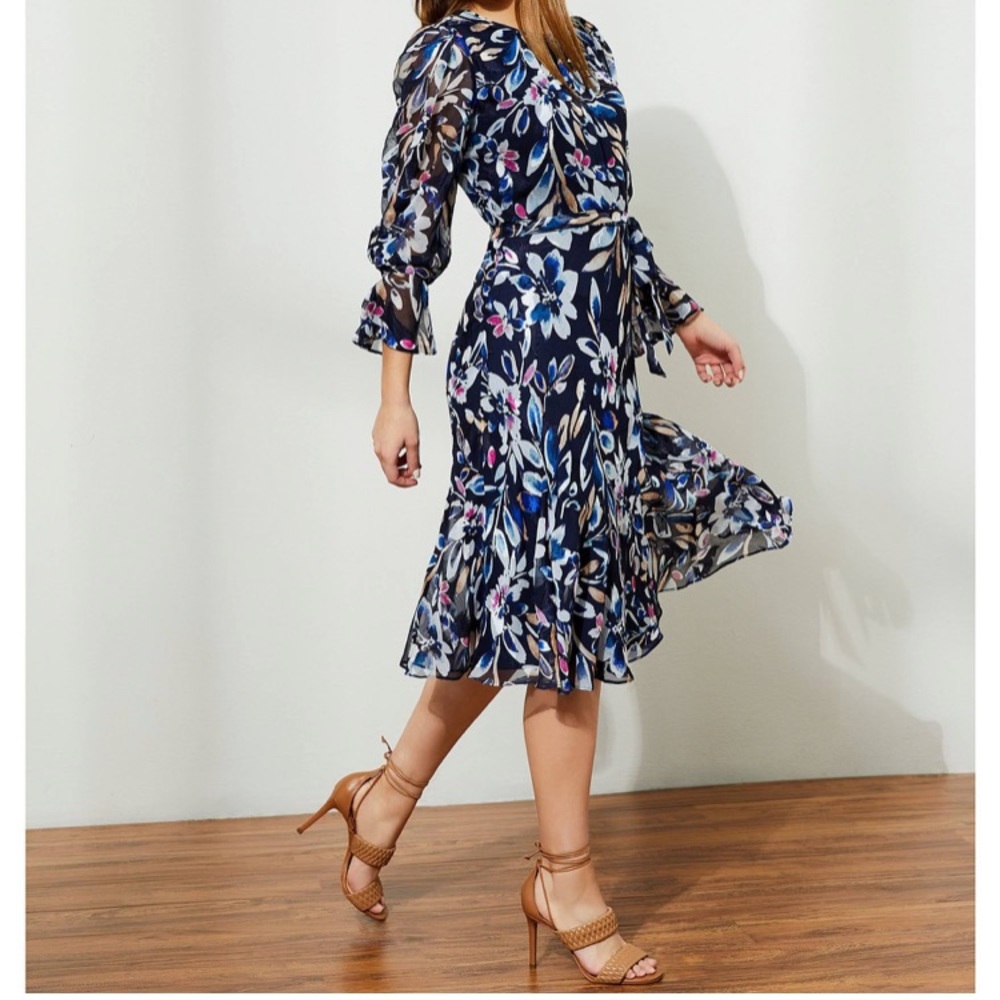 DKNY Floral Long Sheer Sleeve A Line Midi Modest Belted Dress 2 Navy - Picture 4 of 13